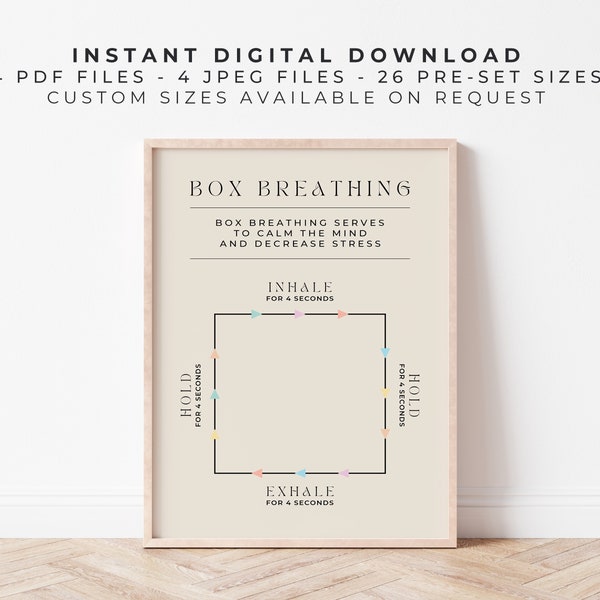 Box Breathing Technique | Pastel | Anxiety and Emotional Regulation Mindfulness Printable Poster for Therapy, Calming & Stress Relief