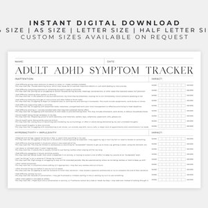 Op de afbeelding: Een zwart-witte printbare tracker voor volwassenen met ADHD. De tracker bevat secties voor aandachtstekort en hyperactiviteit/impulsiviteit, met een schaal om de ernst van elk symptoom te beoordelen. De tracker bevat een ruimte voor datum en naam.