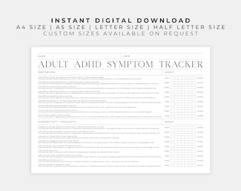 May include: Black and white printable tracker for adults with ADHD. The tracker includes sections for inattention and hyperactivity/impulsivity symptoms, with a scale to rate the severity of each symptom. The tracker includes a space for the date and name.