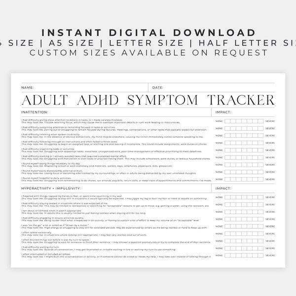 adhd homework checklist Adult ADHD Symptom Tracker Printable | Planner to Track Daily Impact to Aid in Diagnosis or Self Check-In | Accurate to DSM-5 Criteria 2022