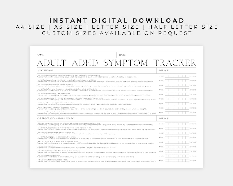 Adult ADHD Symptom Tracker Printable | Planner to Track Daily Impact to ...