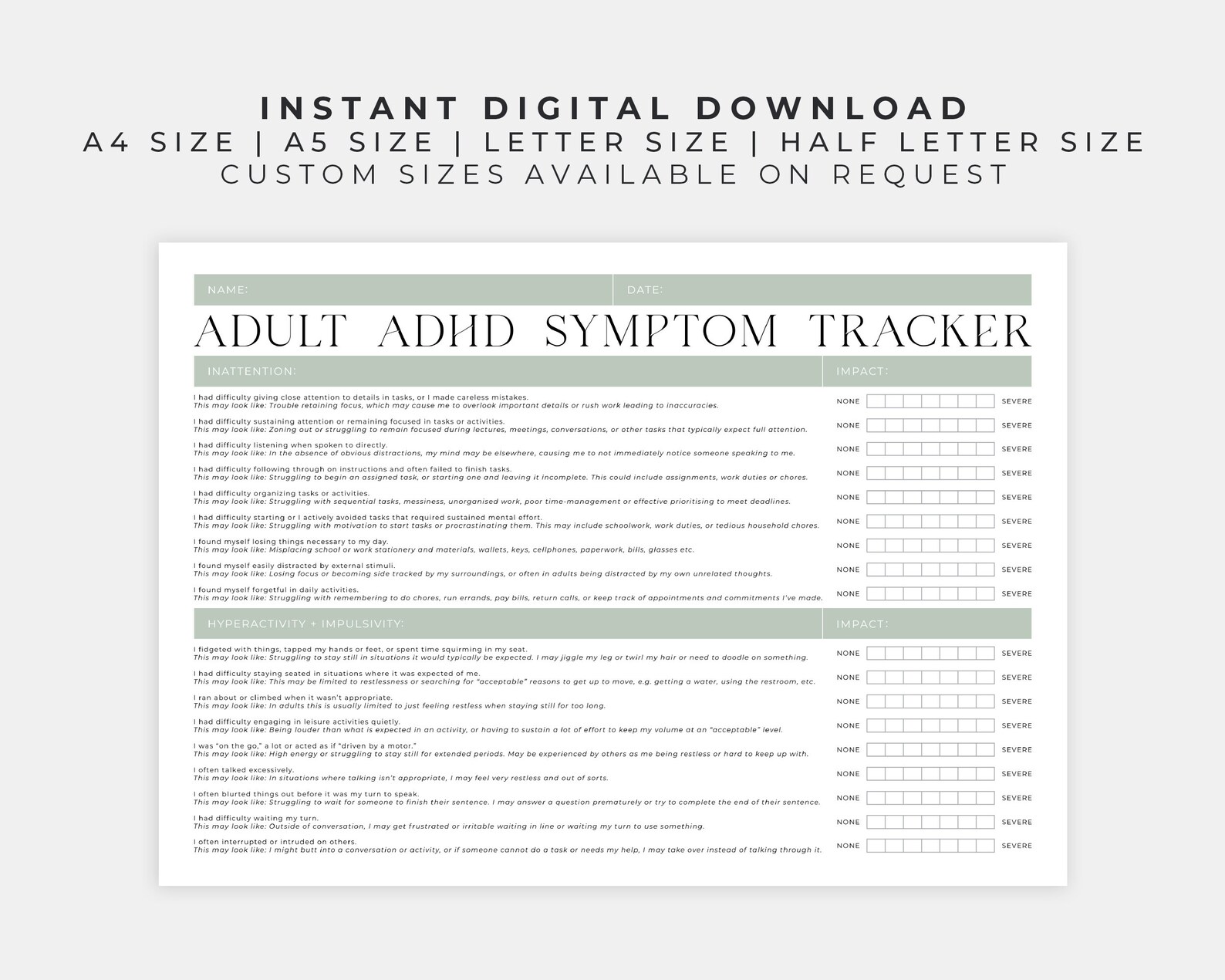 Adult ADHD Symptom Tracker Printable | Planner to Track Daily Impact to ...