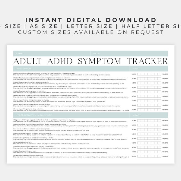 Adult ADHD Symptom Tracker Printable | Planner to Track Daily Impact to Aid in Diagnosis or Self Check-In | Accurate to DSM-5 Criteria 2024
