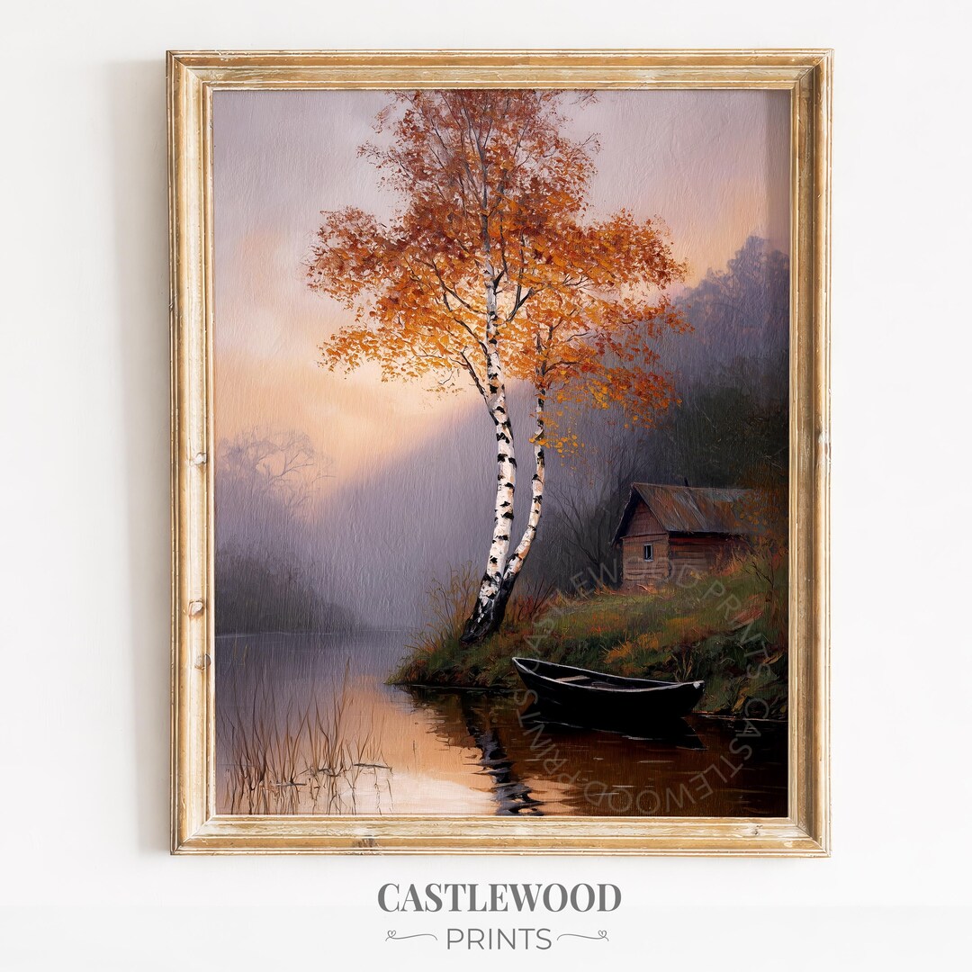 Rustic Birch Tree With Lake, Cozy Autumn Wall Art Printable - Moody ...