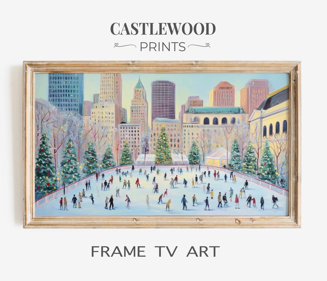 Vintage Winter Ice Skating Scene Frame TV Art, Cozy Holiday Digital Art ...