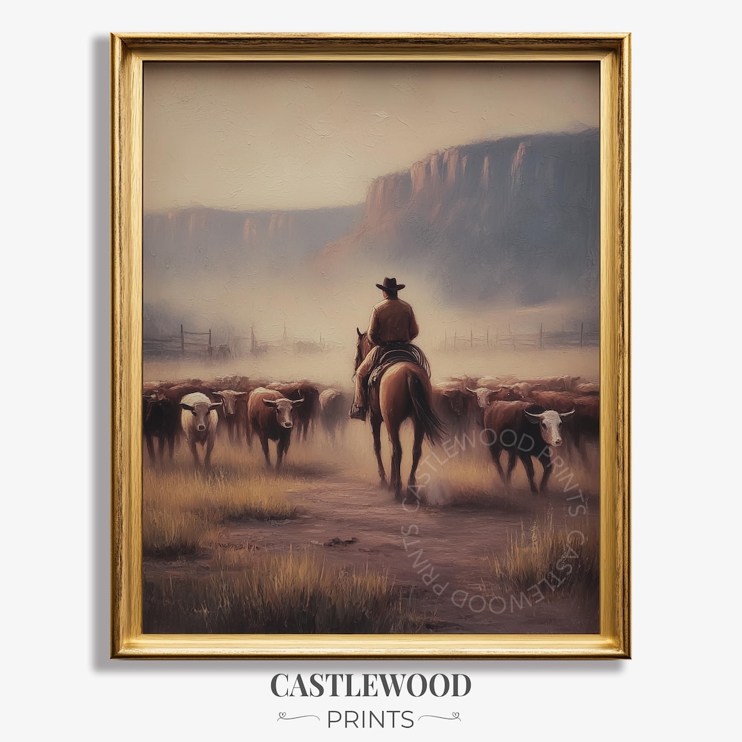 Western Ranching Graphics Western Cowboy Herding Cattle Printable - Rustic Pastoral Landscape ...