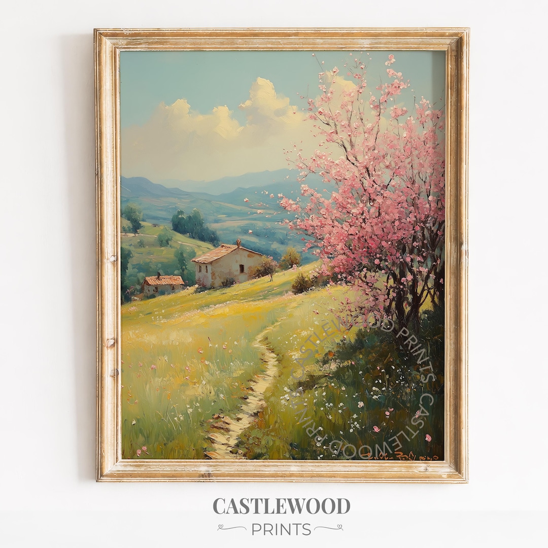 Blossoming Tree Spring Hillside Print – Rustic Cottagecore Landscape ...