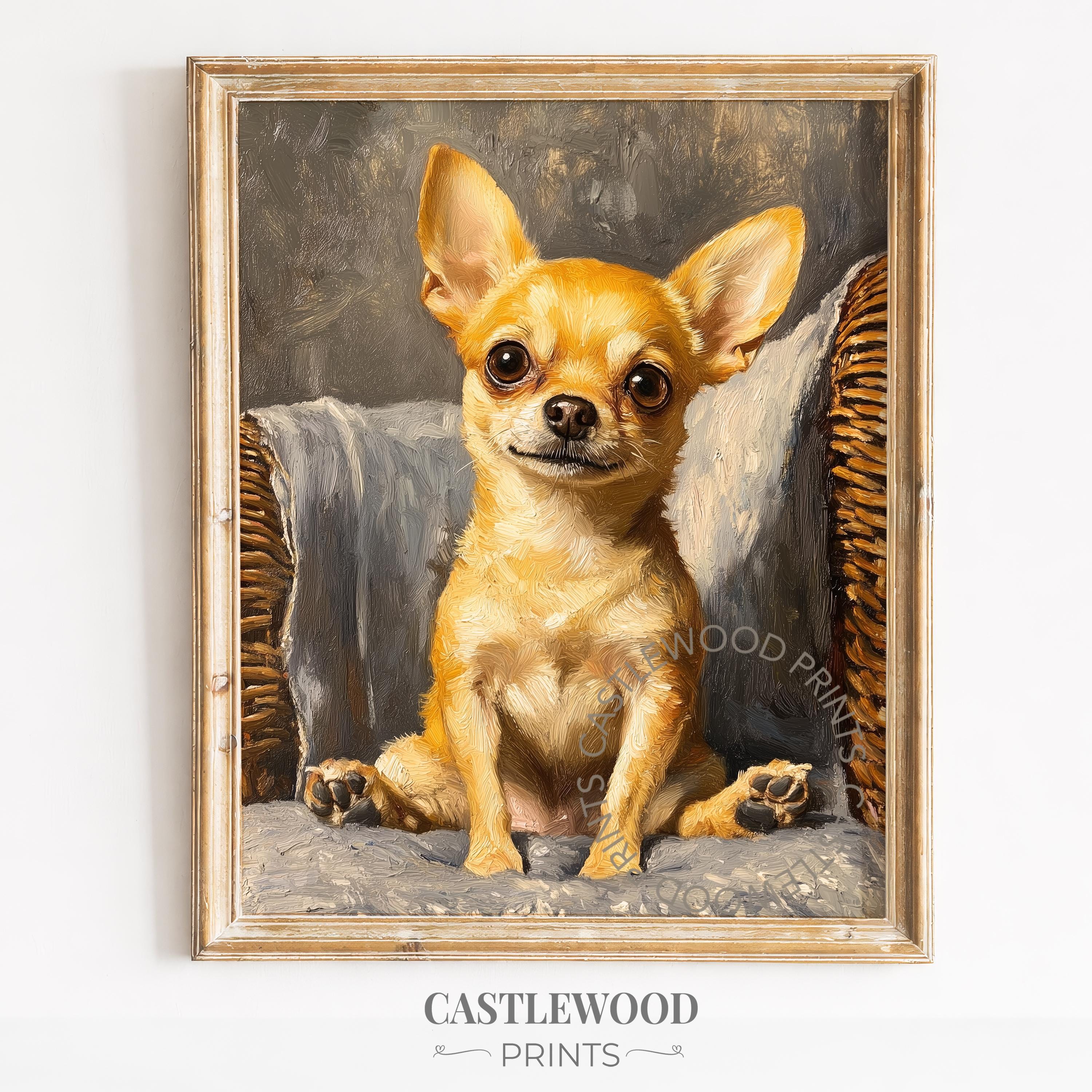 Vintage Chihuahua Portrait, Cute Dog in Wicker Chair Printable 