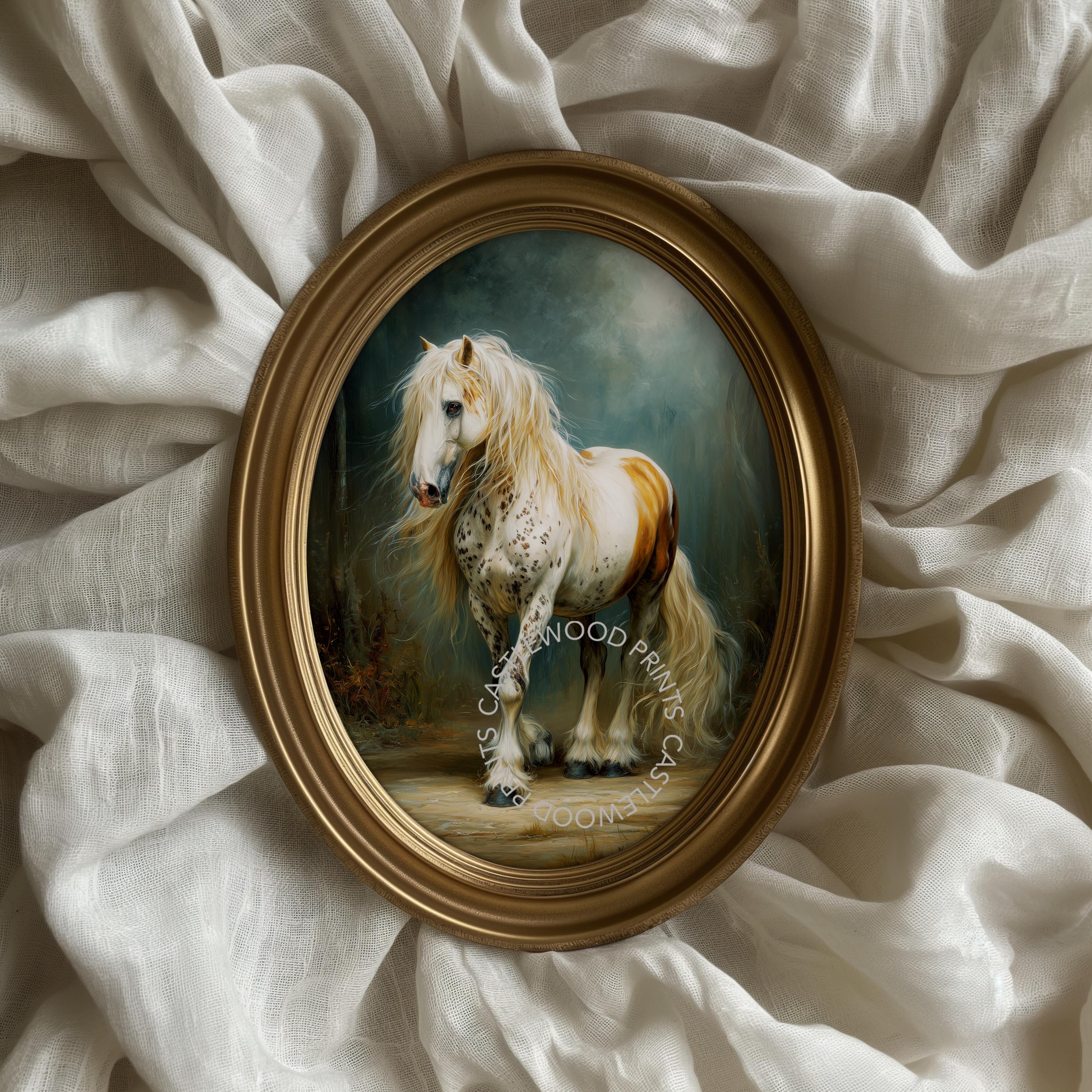 雄大な斑模様の馬の絵画、コテージコアインテリアのための森の優雅さ 
