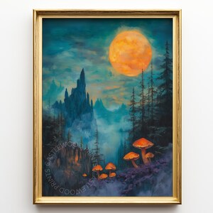 Mystic Forest Moonlight - Printable Landscape Art, Enchanted Night Scene with Mushrooms, Dreamy Cottagecore Wall Decor, Oil Painting 209