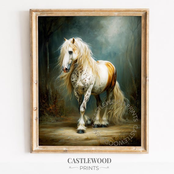 雄大な斑模様の馬の絵画、コテージコアインテリアのための森の優雅さ