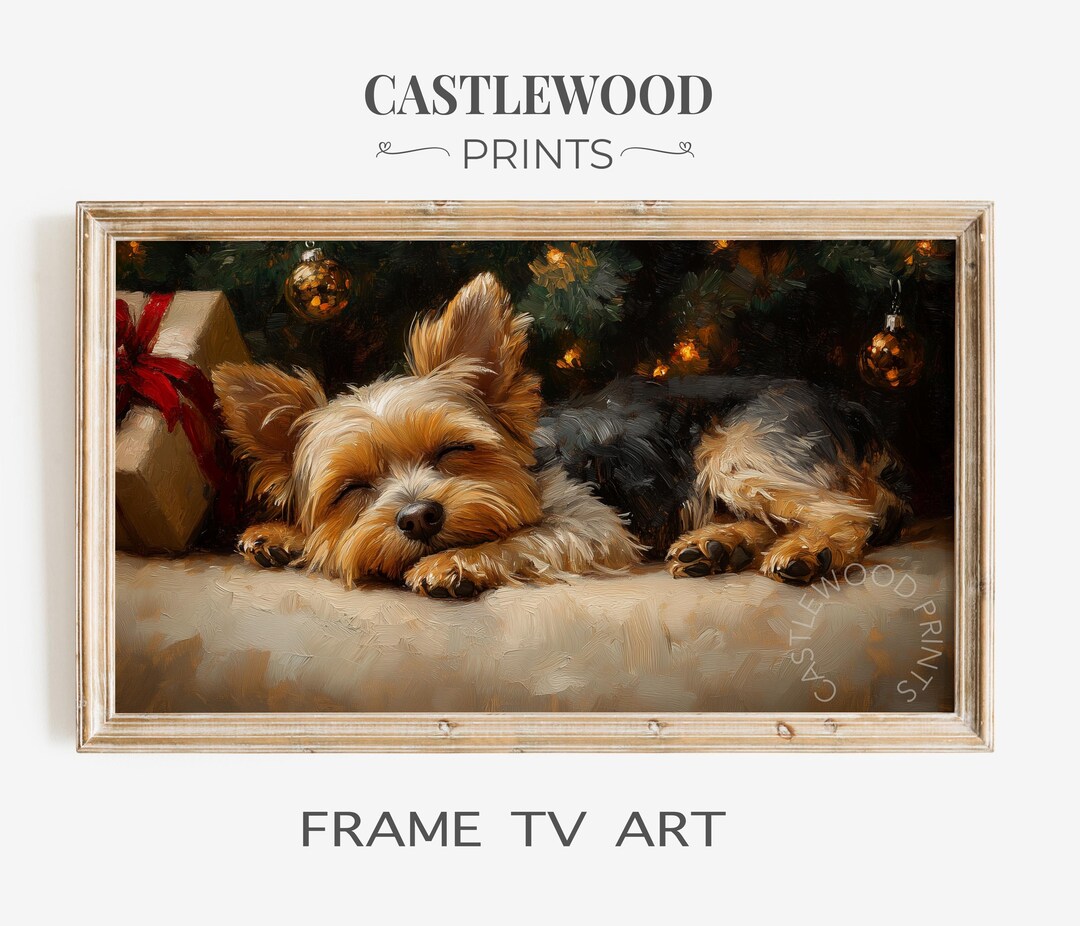 Cozy Christmas Frame TV Art Sleeping Terrier Holiday Scene Painting ...