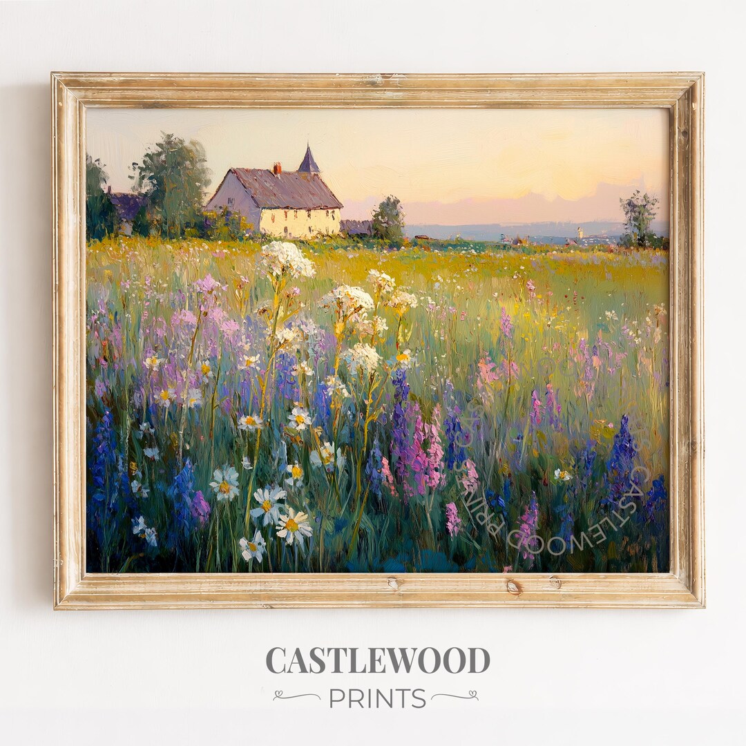 Rustic Cottagecore Landscape Print – Blooming Wildflower Field Wall Art ...