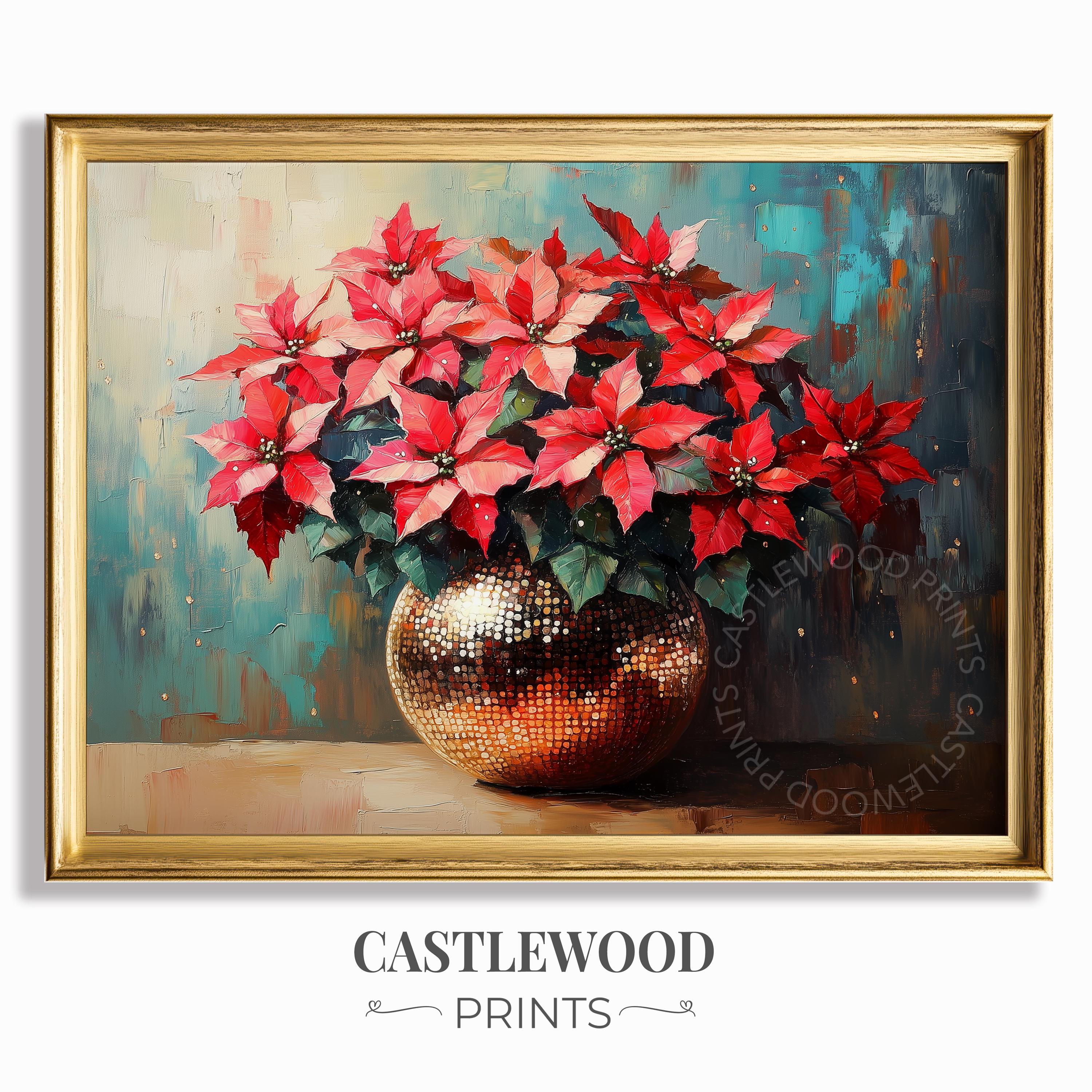 ポインセチアの花の油絵 – ヴィンテージクリスマスボタニカルプリント
