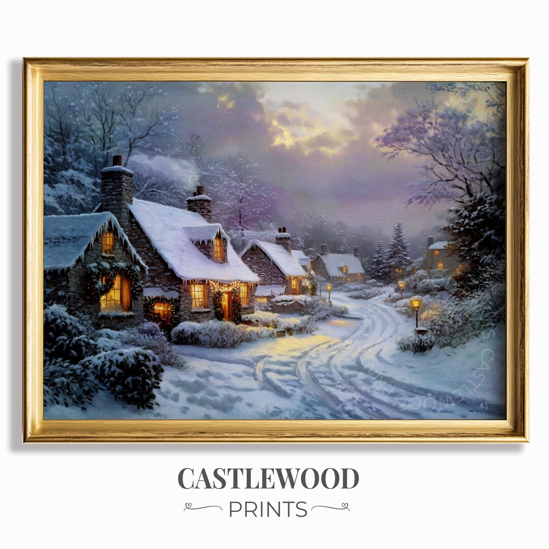 Vintage Snowy English Cottage Painting – Rustic Winter Village Art ...