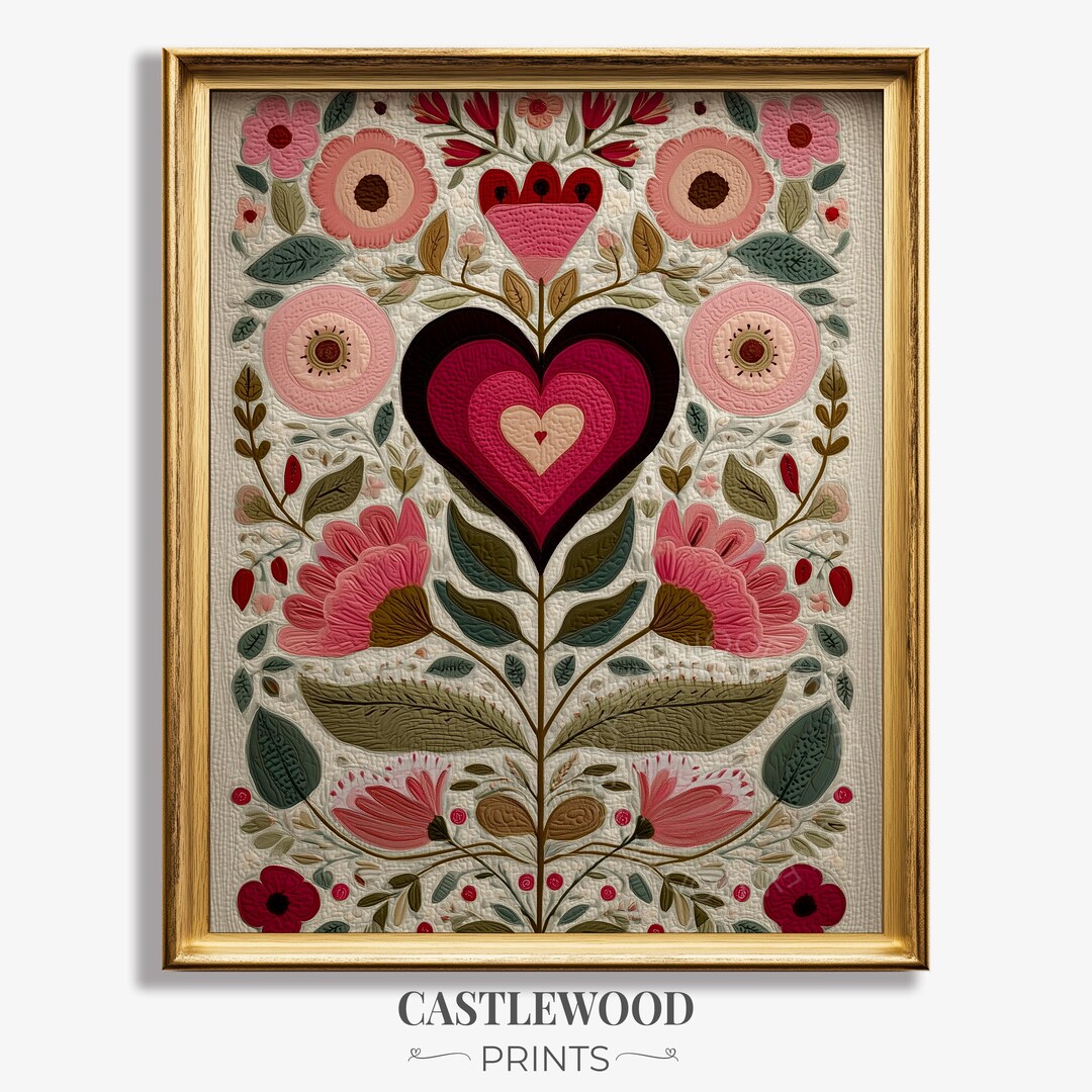 Rustic Heart Printable Rustic Folk Art Heart Printable - Embroidery-inspired Floral Design ...