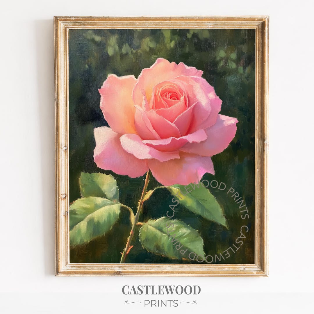 Romantic Pink Rose Wall Art – Vintage Botanical Oil Painting Print for ...