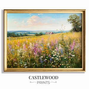 Zomer wilde bloemen veld afdrukbaar - zachte penseelstreken landschapskunst, rustiek landdecor, Cottagecore weide schilderij kunst aan de muur 181