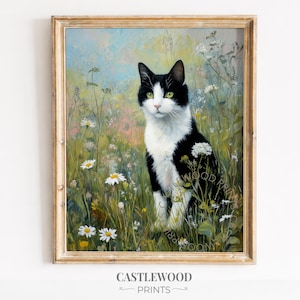 May include: A framed print of a black and white cat sitting in a field of wildflowers. The cat has green eyes and is surrounded by daisies and tall grass. The print is in a gold-colored frame. The text "CASTLEWOOD PRINTS" is at the bottom.