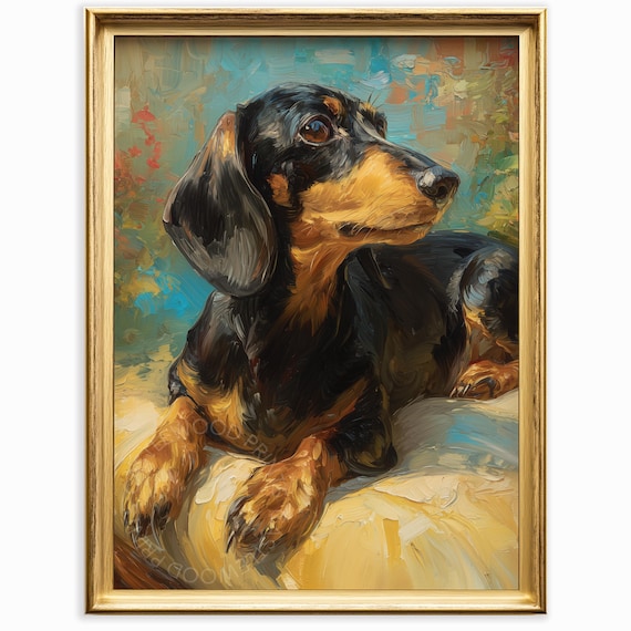 黒のダックスフントの犬アート – 素朴な油絵プリント（デジタル