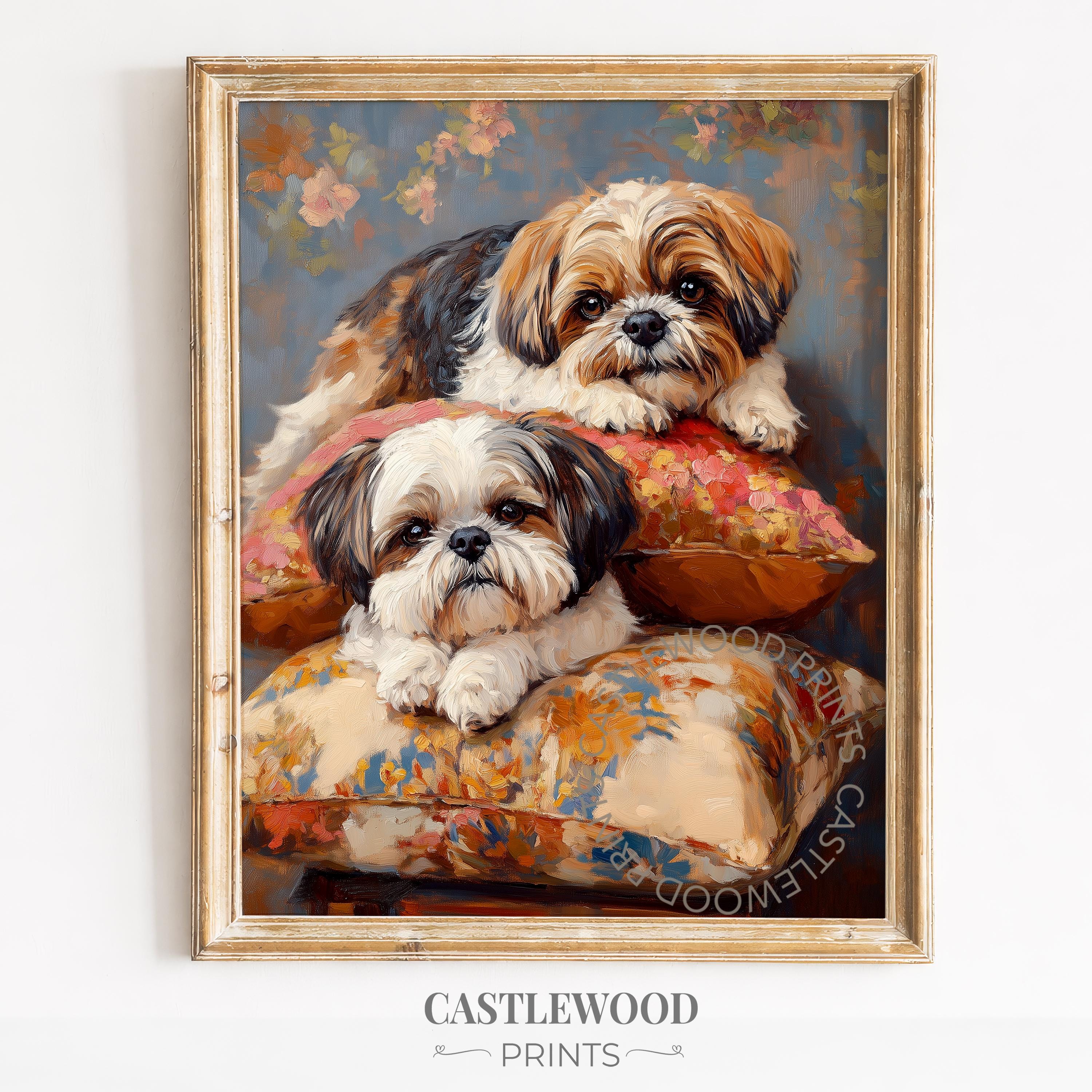 Vintage Shih Tzu Dogs Portrait, Cozy Homey Cottagecore Painting