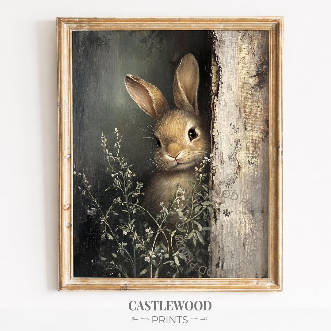 Rustic Print Rabbit Printable Rustic Rabbit Portrait - Cozy Cottagecore Decor, Earthy Moody ...
