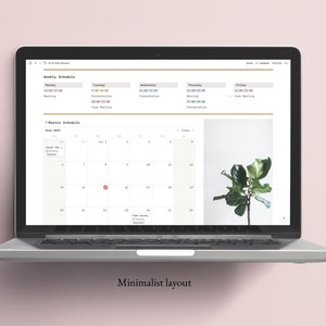 May include: A laptop computer displaying a minimalist website with a weekly schedule and a monthly calendar. The calendar has a red dot on June 14th. The website also features a photo of a green plant.