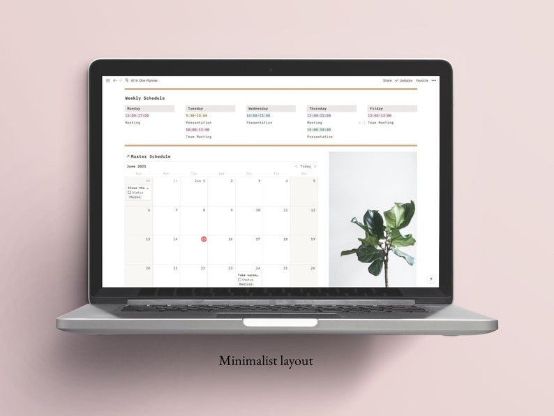 May include: A laptop computer displaying a minimalist website with a weekly schedule and a monthly calendar. The calendar has a red dot on June 14th. The website also features a photo of a green plant.