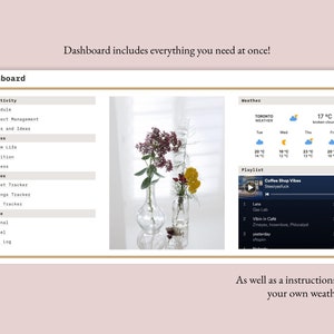 May include: A digital dashboard with a light gray background and gold accents. The dashboard is divided into sections for productivity, wellness, finances, and leisure. Each section has a list of items, such as schedule, project management, notes and ideas, dream life, nutrition, fitness, budget tracker, savings tracker, bill tracker, journal, travel, and book log. The dashboard also includes a weather widget showing the current temperature in Toronto, Canada, and a music player with a playlist of coffee shop vibes.