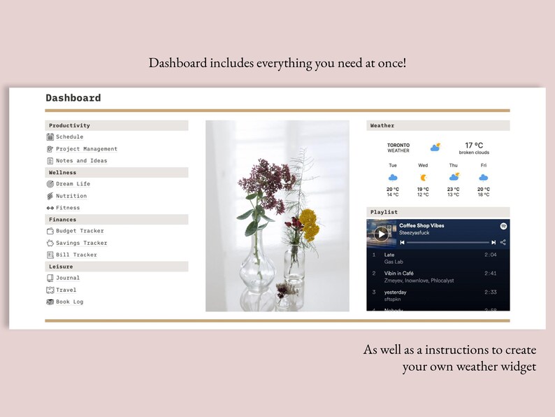 May include: A digital dashboard with a light gray background and gold accents. The dashboard is divided into sections for productivity, wellness, finances, and leisure. Each section has a list of items, such as schedule, project management, notes and ideas, dream life, nutrition, fitness, budget tracker, savings tracker, bill tracker, journal, travel, and book log. The dashboard also includes a weather widget showing the current temperature in Toronto, Canada, and a music player with a playlist of coffee shop vibes.