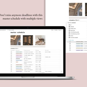May include: A laptop computer screen displaying a website with a master schedule. The website has a list of tasks, deadlines, and descriptions. The website also has a calendar view and a timeline view. The website is titled "master schedule".