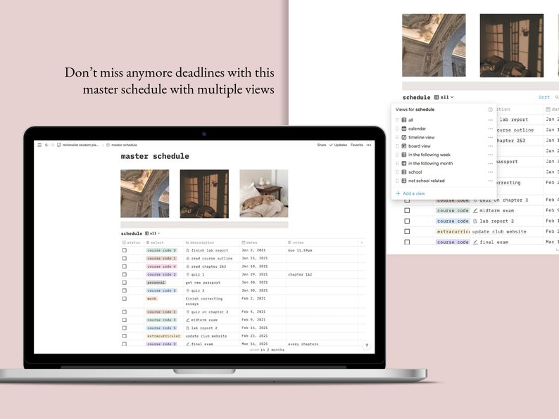 May include: A laptop computer screen displaying a website with a master schedule. The website has a list of tasks, deadlines, and descriptions. The website also has a calendar view and a timeline view. The website is titled "master schedule".
