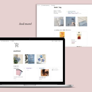 May include: A laptop computer displaying a website with a wishlist and a book log. The wishlist section shows a shopping cart icon and several product images, including a bouquet of blue flowers, a blue and white patterned card, and a stack of pink and blue paper. The book log section shows a list of books with covers and titles, including "Educated" and "Eleanor Oliphant is Completely Fine".