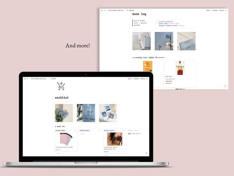 May include: A laptop computer displaying a website with a wishlist and a book log. The wishlist section shows a shopping cart icon and several product images, including a bouquet of blue flowers, a blue and white patterned card, and a stack of pink and blue paper. The book log section shows a list of books with covers and titles, including "Educated" and "Eleanor Oliphant is Completely Fine".