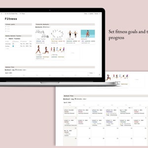 May include: A laptop computer screen displaying a fitness app with a calendar view. The app allows users to set fitness goals, track their progress, and log workouts. The calendar view shows the month of April 2023 with different workout activities scheduled for each day.