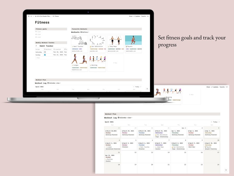 May include: A laptop computer screen displaying a fitness app with a calendar view. The app allows users to set fitness goals, track their progress, and log workouts. The calendar view shows the month of April 2023 with different workout activities scheduled for each day.