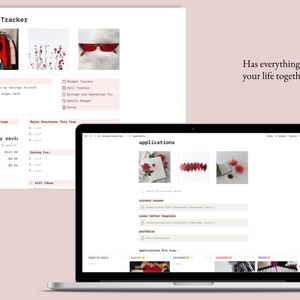 May include: A laptop computer screen displaying a website with the word "applications" in a pink font. The website features a grid of images with red flowers, a red and white origami design, and a red teacup with a book. The website also includes text for "current resume", "cover letter template", and "portfolio".
