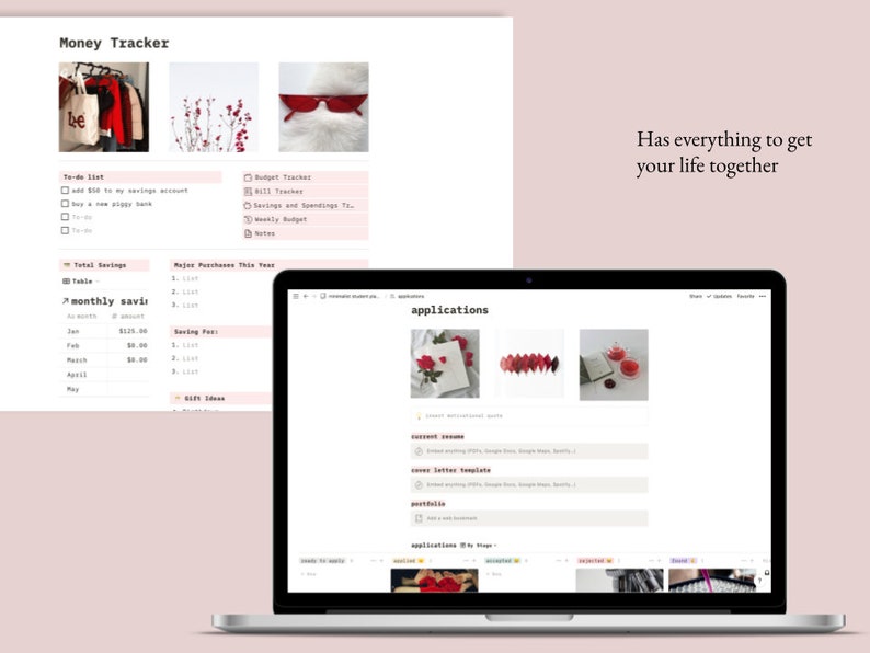 May include: A laptop computer screen displaying a website with the word "applications" in a pink font. The website features a grid of images with red flowers, a red and white origami design, and a red teacup with a book. The website also includes text for "current resume", "cover letter template", and "portfolio".