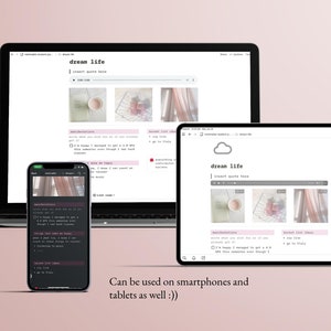 May include: A screenshot of a website called "dream life" displayed on a laptop, tablet, and smartphone. The website features a simple design with a light pink background and a white text box for inserting a quote. The website is accessible on multiple devices.
