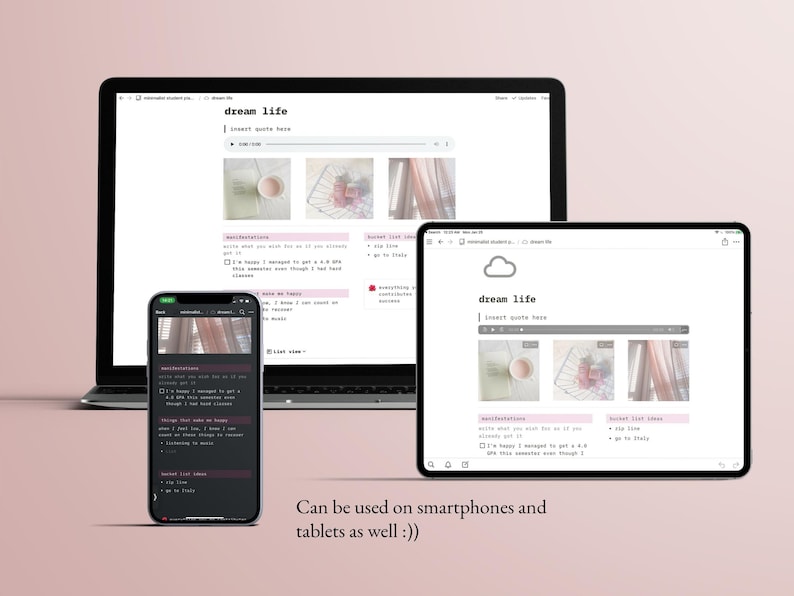 May include: A screenshot of a website called "dream life" displayed on a laptop, tablet, and smartphone. The website features a simple design with a light pink background and a white text box for inserting a quote. The website is accessible on multiple devices.