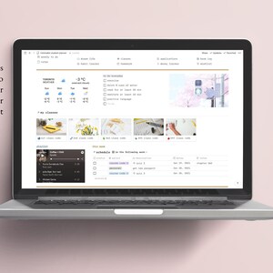 May include: A laptop computer screen displaying a digital planner with a weather widget showing a temperature of -3&deg;C and a partly cloudy icon. The planner includes sections for to-do lists, class schedules, and a playlist.