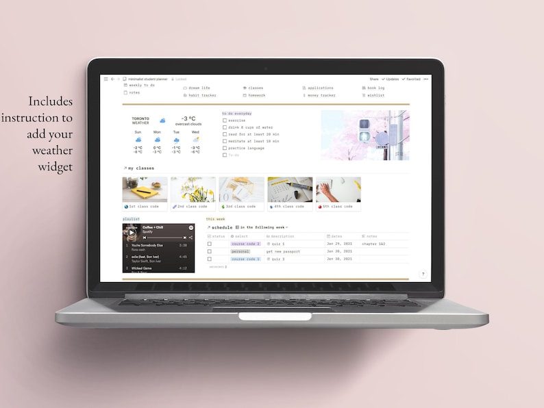 May include: A laptop computer screen displaying a digital planner with a weather widget showing a temperature of -3&deg;C and a partly cloudy icon. The planner includes sections for to-do lists, class schedules, and a playlist.