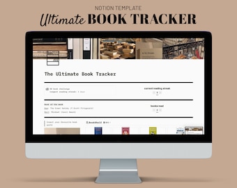 May include: A computer screen displaying a Notion template for a book tracker. The template includes sections for a book challenge, book of the week, and a bookshelf. The screen also displays a current reading streak of 3 and a total of 2 books read.