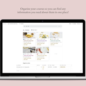 May include: A laptop screen displaying a website for organizing courses. The website has a section for "my classes" and a section for "degree plan". The "my classes" section shows a grid of images representing different courses. The "degree plan" section shows a table with information about courses, including the course name, credits, grade, time frame, and completion status.