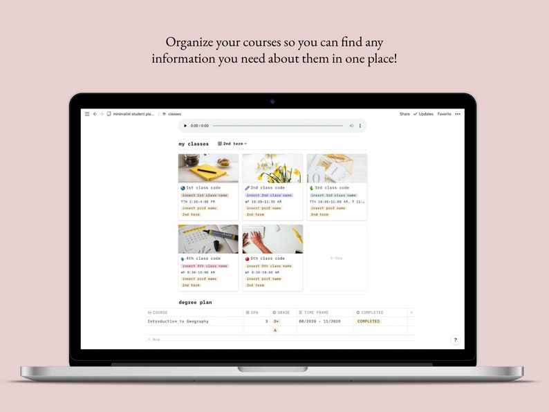 May include: A laptop screen displaying a website for organizing courses. The website has a section for "my classes" and a section for "degree plan". The "my classes" section shows a grid of images representing different courses. The "degree plan" section shows a table with information about courses, including the course name, credits, grade, time frame, and completion status.