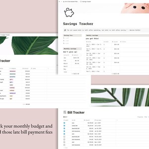 May include: A screenshot of a computer screen showing a budget tracker, savings tracker, and bill tracker. The budget tracker is a spreadsheet with columns for date, income and expenses, category, amount, and notes. The savings tracker is a spreadsheet with columns for saving goal, weekly savings, and monthly savings. The bill tracker is a spreadsheet with columns for bill, amount, due date, and notes.