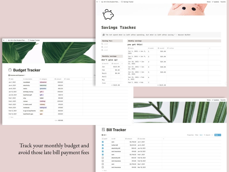 May include: A screenshot of a computer screen showing a budget tracker, savings tracker, and bill tracker. The budget tracker is a spreadsheet with columns for date, income and expenses, category, amount, and notes. The savings tracker is a spreadsheet with columns for saving goal, weekly savings, and monthly savings. The bill tracker is a spreadsheet with columns for bill, amount, due date, and notes.