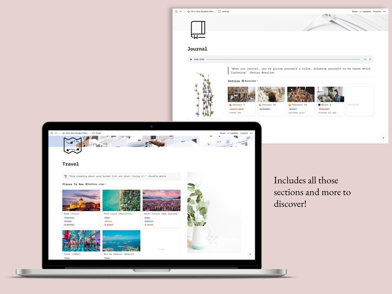 May include: A screenshot of a website with a travel journal theme. The website features a section called "Places to See While You Travel" with images of various destinations, including Rome, Italy, Post-Covid Montreal, South Island, New Zealand, Egypt, and Rio de Janeiro, Brazil.
