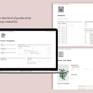 May include: A screenshot of a computer screen showing a productivity app with sections for project management, schedule, and notes and ideas. The app has a clean and modern design with a white background and black text.
