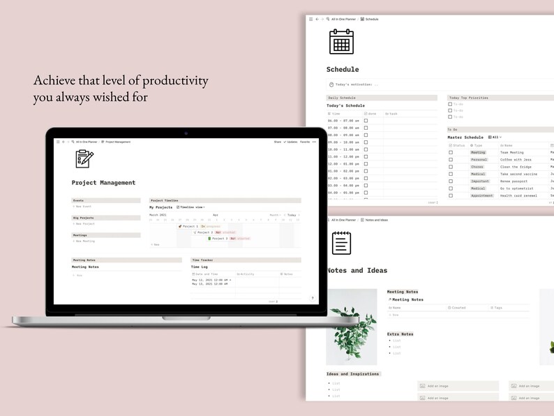 May include: A screenshot of a computer screen showing a productivity app with sections for project management, schedule, and notes and ideas. The app has a clean and modern design with a white background and black text.
